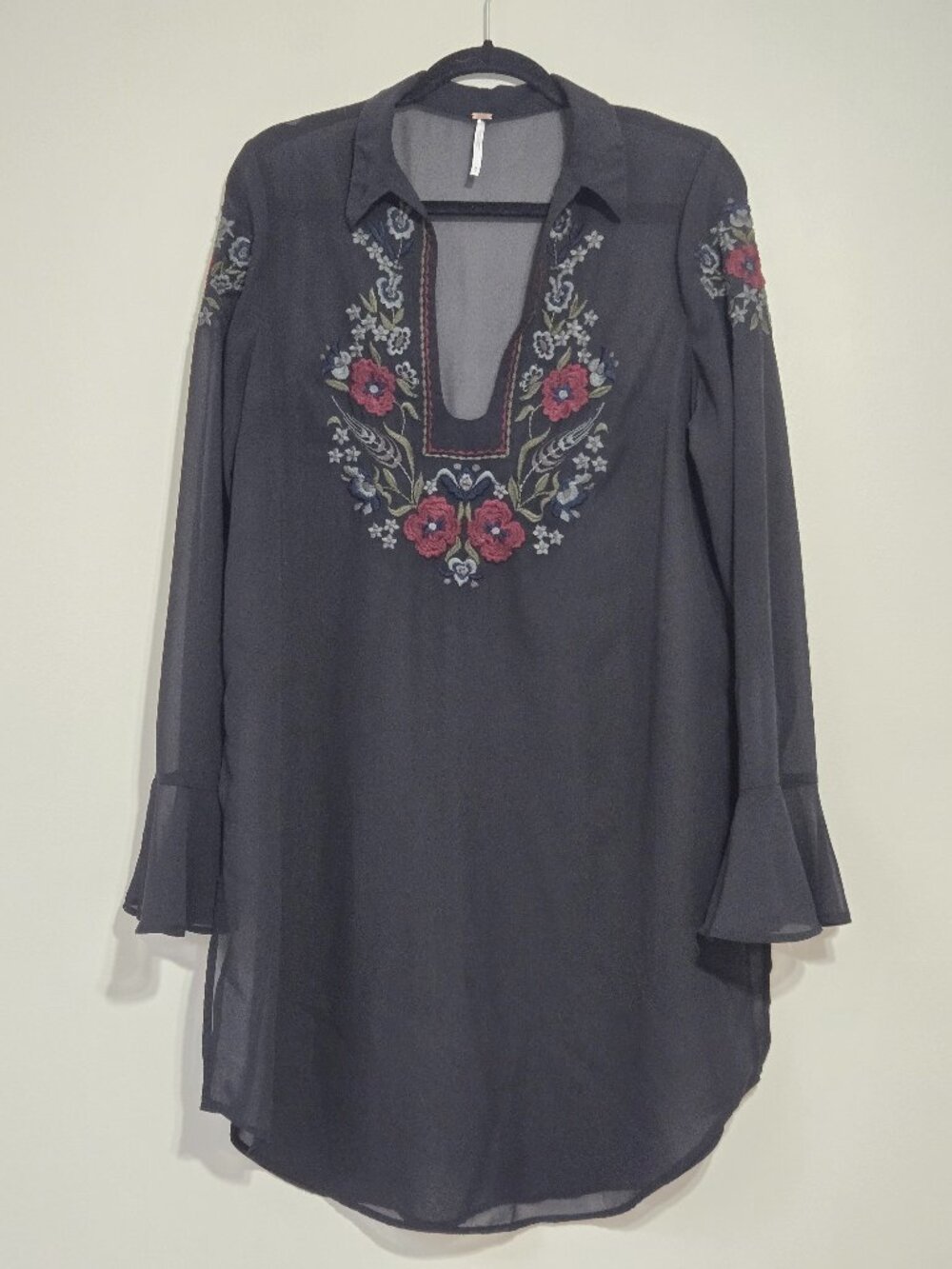 Free People Beach Black Embroidered Sheer Tunic Cover Up Boho Bell Sleeve Size M
